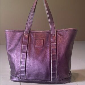 Longchamp Purple Metallic Leather Tote Bag Made in France w/ Floral Lining